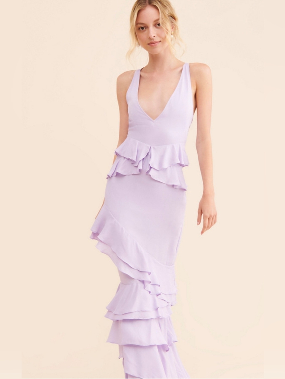 Anthropologie Let Me Be Femme Ruffled Lavender V-Neck Maxi Dress Size M - Picture 4 of 15